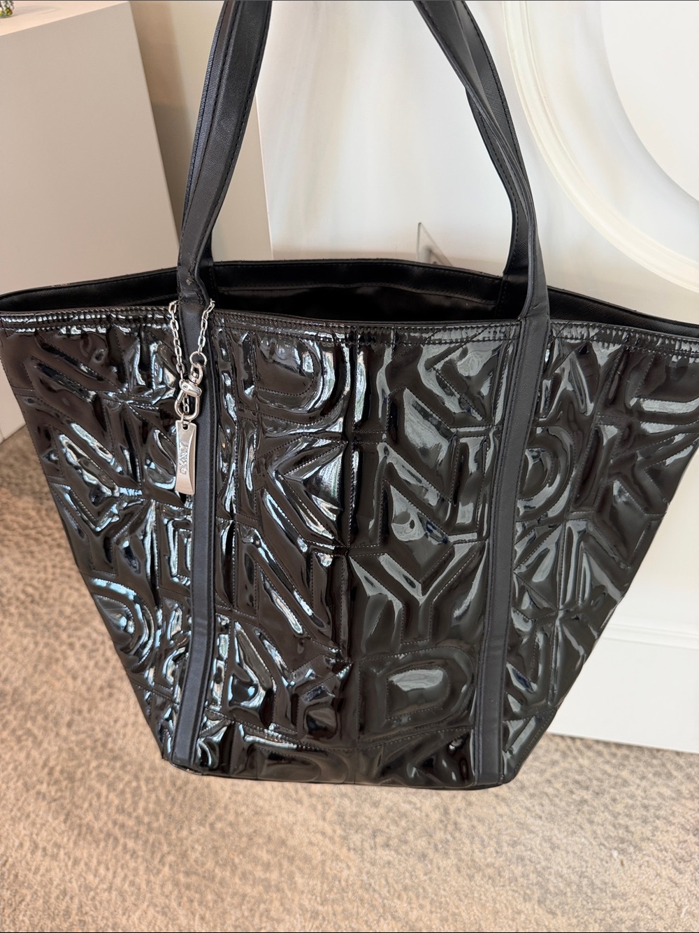 DKNY Black Patent Quilted Logo Tote with Silver Charm